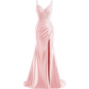 imageV Neck Satin Prom Dresses Long 2025 Mermaid Beaded Formal Dresses Pleated Evening Party Gown with SlitPink