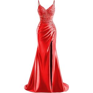 imageV Neck Satin Prom Dresses Long 2025 Mermaid Beaded Formal Dresses Pleated Evening Party Gown with SlitRed