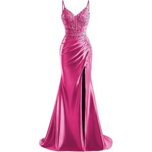 imageV Neck Satin Prom Dresses Long 2025 Mermaid Beaded Formal Dresses Pleated Evening Party Gown with SlitRose Red