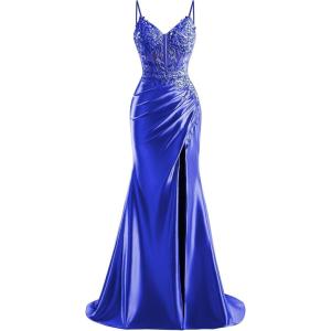 imageV Neck Satin Prom Dresses Long 2025 Mermaid Beaded Formal Dresses Pleated Evening Party Gown with SlitRoyal Blue