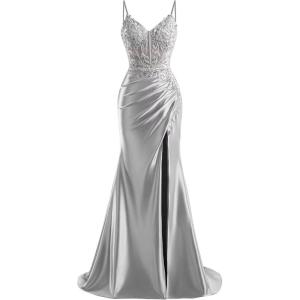 imageV Neck Satin Prom Dresses Long 2025 Mermaid Beaded Formal Dresses Pleated Evening Party Gown with SlitSilver