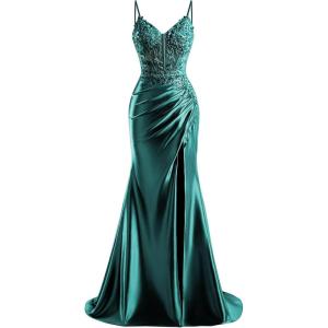 imageV Neck Satin Prom Dresses Long 2025 Mermaid Beaded Formal Dresses Pleated Evening Party Gown with SlitTeal
