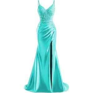 imageV Neck Satin Prom Dresses Long 2025 Mermaid Beaded Formal Dresses Pleated Evening Party Gown with SlitTurquoise
