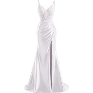 imageV Neck Satin Prom Dresses Long 2025 Mermaid Beaded Formal Dresses Pleated Evening Party Gown with SlitWhite