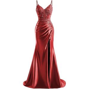 imageV Neck Satin Prom Dresses Long 2025 Mermaid Beaded Formal Dresses Pleated Evening Party Gown with SlitWine Red
