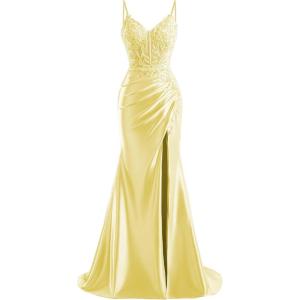 imageV Neck Satin Prom Dresses Long 2025 Mermaid Beaded Formal Dresses Pleated Evening Party Gown with SlitYellow