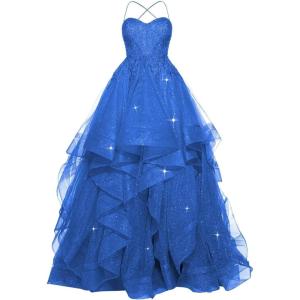 imagehomdor Lace Appliques Tulle Prom Dresses Long Spaghetti Straps Layered Quinceanera Dresses Sweetheart Ball GownsBlue