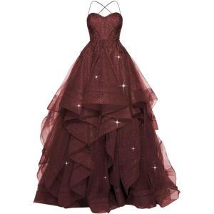 imagehomdor Lace Appliques Tulle Prom Dresses Long Spaghetti Straps Layered Quinceanera Dresses Sweetheart Ball GownsBurgundy