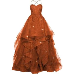 imagehomdor Lace Appliques Tulle Prom Dresses Long Spaghetti Straps Layered Quinceanera Dresses Sweetheart Ball GownsBurnt Orange