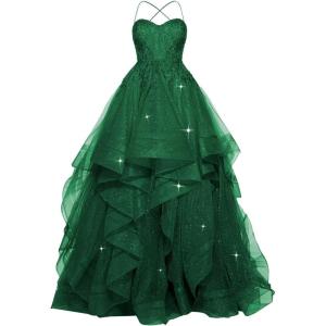 imagehomdor Lace Appliques Tulle Prom Dresses Long Spaghetti Straps Layered Quinceanera Dresses Sweetheart Ball GownsEmerald Green