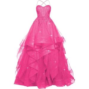 imagehomdor Lace Appliques Tulle Prom Dresses Long Spaghetti Straps Layered Quinceanera Dresses Sweetheart Ball GownsHot Pink
