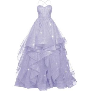 imagehomdor Lace Appliques Tulle Prom Dresses Long Spaghetti Straps Layered Quinceanera Dresses Sweetheart Ball GownsLavender