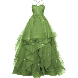 imagehomdor Lace Appliques Tulle Prom Dresses Long Spaghetti Straps Layered Quinceanera Dresses Sweetheart Ball GownsOlive
