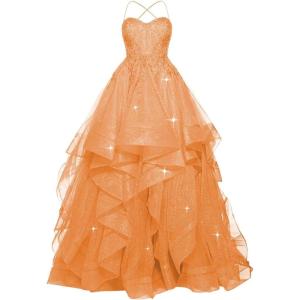 imagehomdor Lace Appliques Tulle Prom Dresses Long Spaghetti Straps Layered Quinceanera Dresses Sweetheart Ball GownsOrange