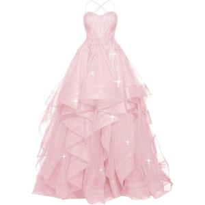 imagehomdor Lace Appliques Tulle Prom Dresses Long Spaghetti Straps Layered Quinceanera Dresses Sweetheart Ball GownsPink