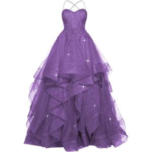 imagehomdor Lace Appliques Tulle Prom Dresses Long Spaghetti Straps Layered Quinceanera Dresses Sweetheart Ball GownsPurple