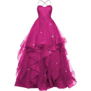 imagehomdor Lace Appliques Tulle Prom Dresses Long Spaghetti Straps Layered Quinceanera Dresses Sweetheart Ball GownsRose Red