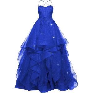 imagehomdor Lace Appliques Tulle Prom Dresses Long Spaghetti Straps Layered Quinceanera Dresses Sweetheart Ball GownsRoyal Blue