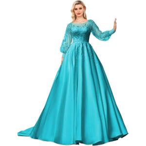 imagehomdor Long Sleeve Prom Dresses Lace Applique Wedding Dress Satin Ball Gown A Line Formal Evening GownsAqua