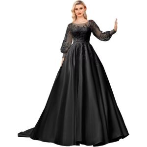 imagehomdor Long Sleeve Prom Dresses Lace Applique Wedding Dress Satin Ball Gown A Line Formal Evening GownsBlack