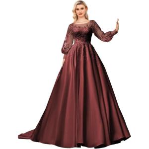 imagehomdor Long Sleeve Prom Dresses Lace Applique Wedding Dress Satin Ball Gown A Line Formal Evening GownsBurgundy