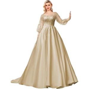imagehomdor Long Sleeve Prom Dresses Lace Applique Wedding Dress Satin Ball Gown A Line Formal Evening GownsChampagne
