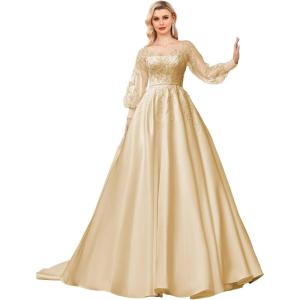 imagehomdor Long Sleeve Prom Dresses Lace Applique Wedding Dress Satin Ball Gown A Line Formal Evening GownsChampagne Gold