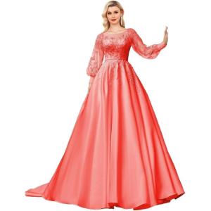imagehomdor Long Sleeve Prom Dresses Lace Applique Wedding Dress Satin Ball Gown A Line Formal Evening GownsCoral