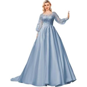 imagehomdor Long Sleeve Prom Dresses Lace Applique Wedding Dress Satin Ball Gown A Line Formal Evening GownsDusty Blue