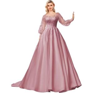 imagehomdor Long Sleeve Prom Dresses Lace Applique Wedding Dress Satin Ball Gown A Line Formal Evening GownsDusty Pink