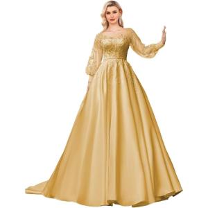 imagehomdor Long Sleeve Prom Dresses Lace Applique Wedding Dress Satin Ball Gown A Line Formal Evening GownsGold
