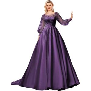imagehomdor Long Sleeve Prom Dresses Lace Applique Wedding Dress Satin Ball Gown A Line Formal Evening GownsGrape