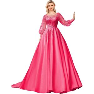imagehomdor Long Sleeve Prom Dresses Lace Applique Wedding Dress Satin Ball Gown A Line Formal Evening GownsHot Pink