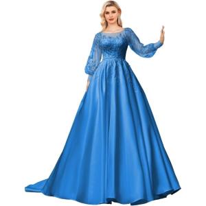 imagehomdor Long Sleeve Prom Dresses Lace Applique Wedding Dress Satin Ball Gown A Line Formal Evening GownsLake Blue