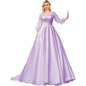 imagehomdor Long Sleeve Prom Dresses Lace Applique Wedding Dress Satin Ball Gown A Line Formal Evening GownsLavender