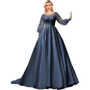 imagehomdor Long Sleeve Prom Dresses Lace Applique Wedding Dress Satin Ball Gown A Line Formal Evening GownsNavy Blue
