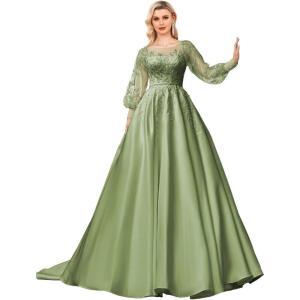 imagehomdor Long Sleeve Prom Dresses Lace Applique Wedding Dress Satin Ball Gown A Line Formal Evening GownsOlive