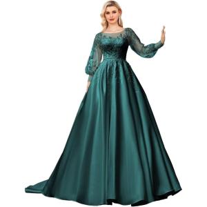 imagehomdor Long Sleeve Prom Dresses Lace Applique Wedding Dress Satin Ball Gown A Line Formal Evening GownsPeacock