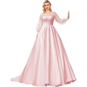 imagehomdor Long Sleeve Prom Dresses Lace Applique Wedding Dress Satin Ball Gown A Line Formal Evening GownsPink