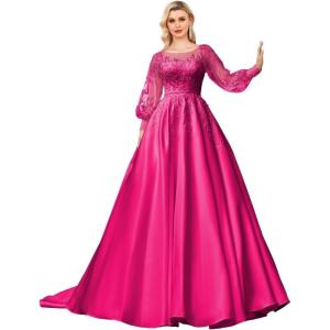 imagehomdor Long Sleeve Prom Dresses Lace Applique Wedding Dress Satin Ball Gown A Line Formal Evening GownsRose Red