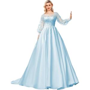 imagehomdor Long Sleeve Prom Dresses Lace Applique Wedding Dress Satin Ball Gown A Line Formal Evening GownsSky Blue