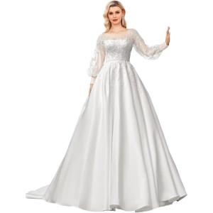 imagehomdor Long Sleeve Prom Dresses Lace Applique Wedding Dress Satin Ball Gown A Line Formal Evening GownsWhite