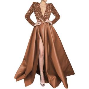imagehomdor Long Sleeve Sequin Prom Dresses for Women Sparkly Formal Evening Dress Satin Wedding Dress with SlitBrown
