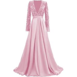 imagehomdor Long Sleeve Sequin Prom Dresses for Women Sparkly Formal Evening Dress Satin Wedding Dress with SlitDark Pink
