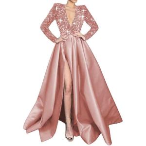 imagehomdor Long Sleeve Sequin Prom Dresses for Women Sparkly Formal Evening Dress Satin Wedding Dress with SlitDusty Rose