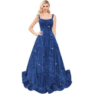 imagehomdor Sequin Prom Dresses Long A Line Ball Gowns for Women Sparkly Spaghetti Straps Formal DressBlue
