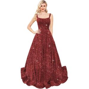 imagehomdor Sequin Prom Dresses Long A Line Ball Gowns for Women Sparkly Spaghetti Straps Formal DressBurgundy