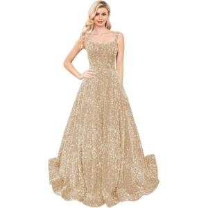 imagehomdor Sequin Prom Dresses Long A Line Ball Gowns for Women Sparkly Spaghetti Straps Formal DressChampagne