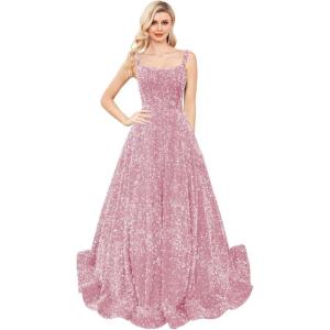 imagehomdor Sequin Prom Dresses Long A Line Ball Gowns for Women Sparkly Spaghetti Straps Formal DressDusty Pink