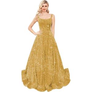 imagehomdor Sequin Prom Dresses Long A Line Ball Gowns for Women Sparkly Spaghetti Straps Formal DressGold